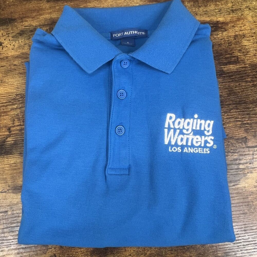 Raging Waters Los Angeles Water Park Mens Blue Polo Shirt Short Sleeve Vintage